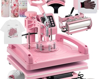 May include: A pink heat press machine with a digital control panel, a white t-shirt with a graphic design, a white baseball cap, and several sublimation tumblers. The image also includes a pink hat press, a mug press, and a pair of heat-resistant gloves.