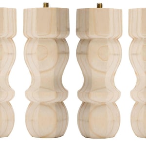 May include: Four unfinished wooden furniture legs with a turned design. Each leg has a threaded brass insert at the top for easy attachment. The legs are light-colored and feature a classic, decorative shape, suitable for various furniture projects.