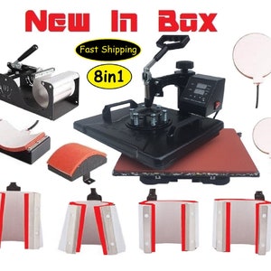 May include: An 8-in-1 heat press machine with a digital timer and temperature control. It includes a variety of attachments for different items, such as mugs, plates, and hats. The machine is black with a red heat plate.