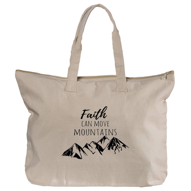 Faith Can Move Mountains Travel Zippered Tote Canvas Tote Sunday School Reading Bag Carry On Bag Teacher Gifts Bible Study