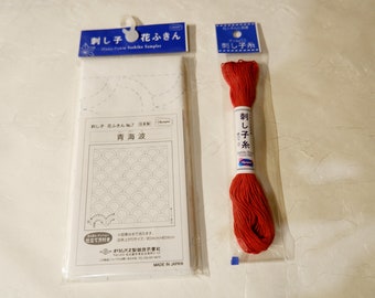 OLYMPUS Hana-fukin & Sashiko thread set Pre-printed cotton fabric Seigaiha Japanese traditional pattern embroidery