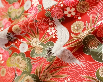 Remnant 110 w X 87 cm long Crane Red Gold cotton 100% Japan gorgeous fabric