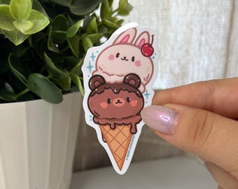 Autocollant résistant aux intempéries pour cornet de crème glacée lapin et ours - Autocollant crème glacée kawaii | Stickers ordinateur portable, voiture, bouteille d'eau