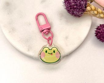 May include: A pink metal keychain with a clear plastic charm featuring a cartoon frog with a yellow body, pink cheeks, and a red tongue sticking out. The frog is surrounded by glitter.