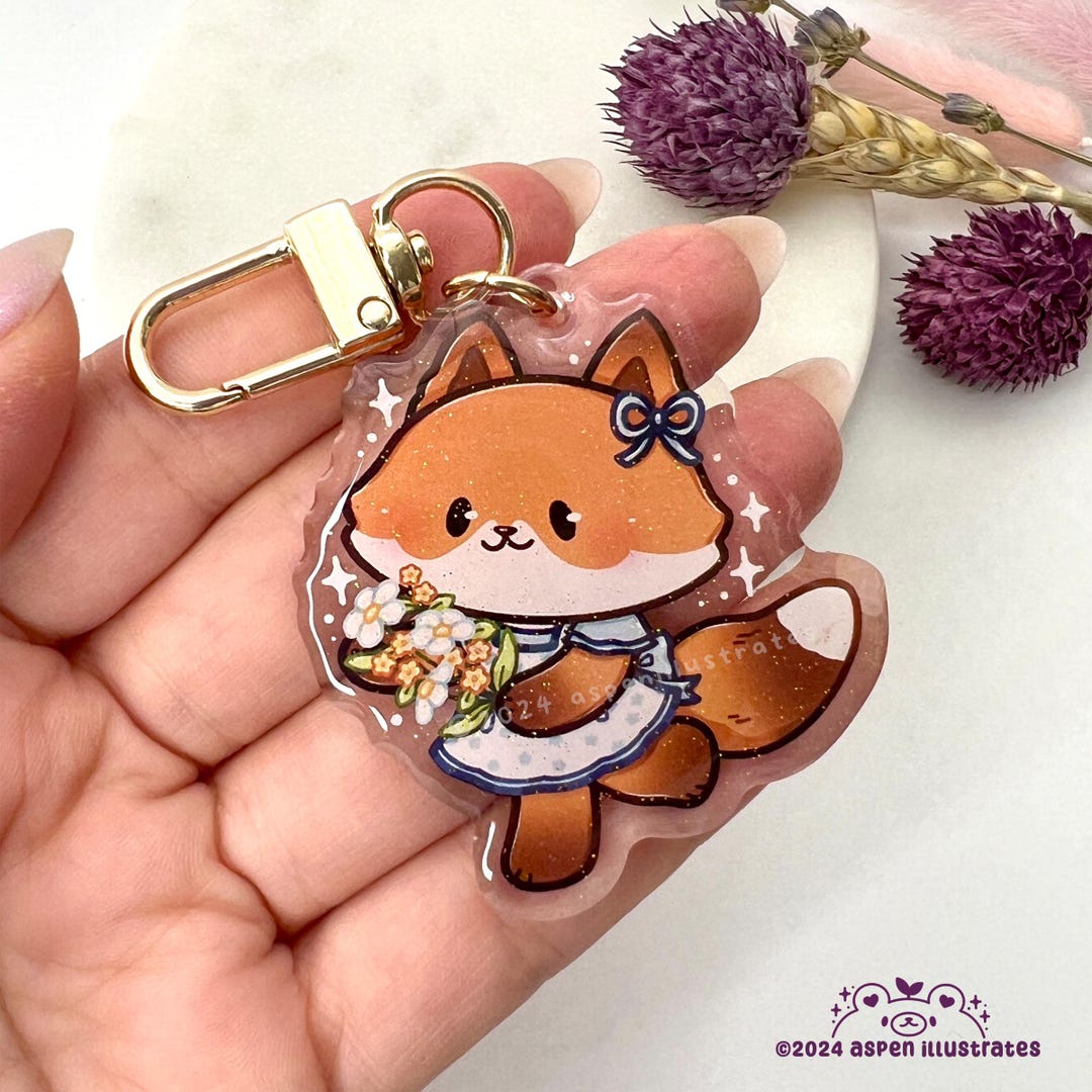 Cottage Fox Glitter Keychain - Kawaii Charm, Fox With Bouquet of ...