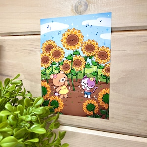 Sunflower Chorus Art Print | Cute Wall Art, 5x7 Print, Bear, Cat, Gardening Artwork