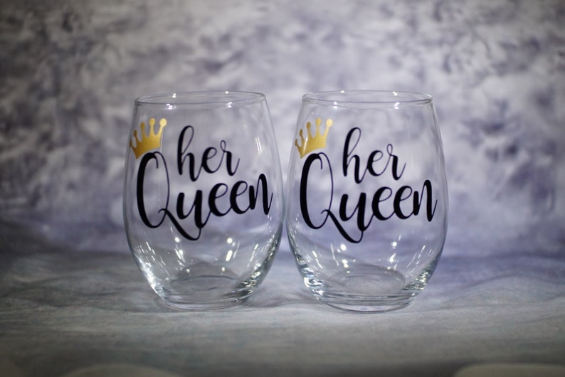 Great Lesbian Couple Gift Hers and Hers Stemless Wine Glass Set of 2