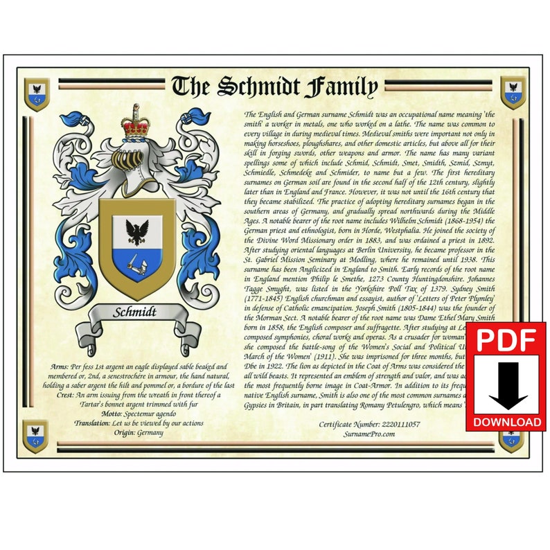 May include: A framed family crest with the name "Schmidt" in a decorative font. The crest features a shield with an eagle and a hand holding a saber. The text provides historical information about the surname and its origins in Germany.