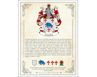 Custom made surname coat of arms with crest, origin, and history. Digital PDF download 8.5x11 ready to print.