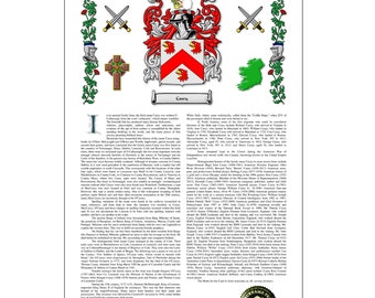 Coat of arms family crest and surname history with last name origin and meaning. Unique certificate number included. Lengthy details.