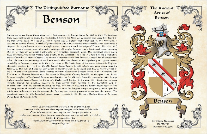 May include: A vintage-style certificate with a gold and red crest, featuring a heraldic shield with a red and white cross on a gold background. The text reads "The Distinguished Surname Benson" and "The Ancient Arms of Benson".