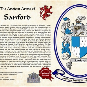 11X17 Family crest with coat of arms last name meaning and surname origin featured in the elegant style of recorded arms. SurnamePro.com image 7