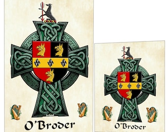 Irish Surname Coat of Arms and Family Crest with a Celtic Cross personalized custom made from Irish archived records.