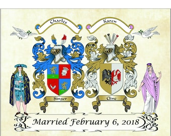 Wedding gift anniversary gift a celebration of marriage with married on date includes two surname family crest coat of arms.