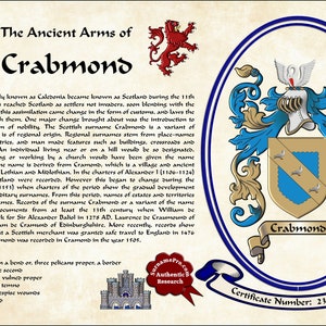 11X17 Family crest with coat of arms last name meaning and surname origin featured in the elegant style of recorded arms. SurnamePro.com image 2