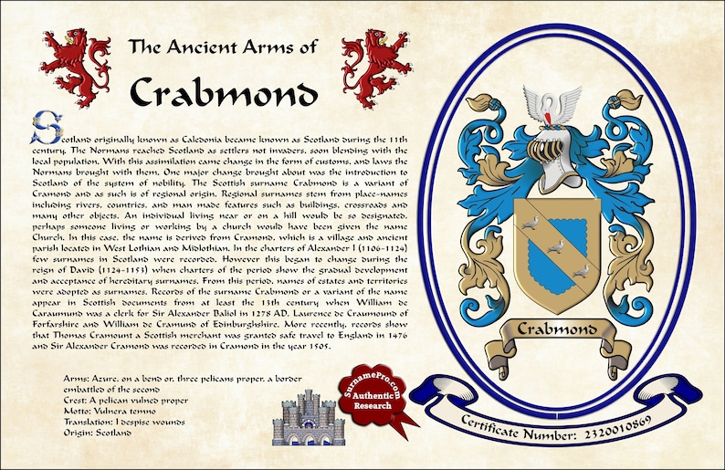 11X17 Family crest with coat of arms last name meaning and surname origin featured in the elegant style of recorded arms. SurnamePro.com image 2