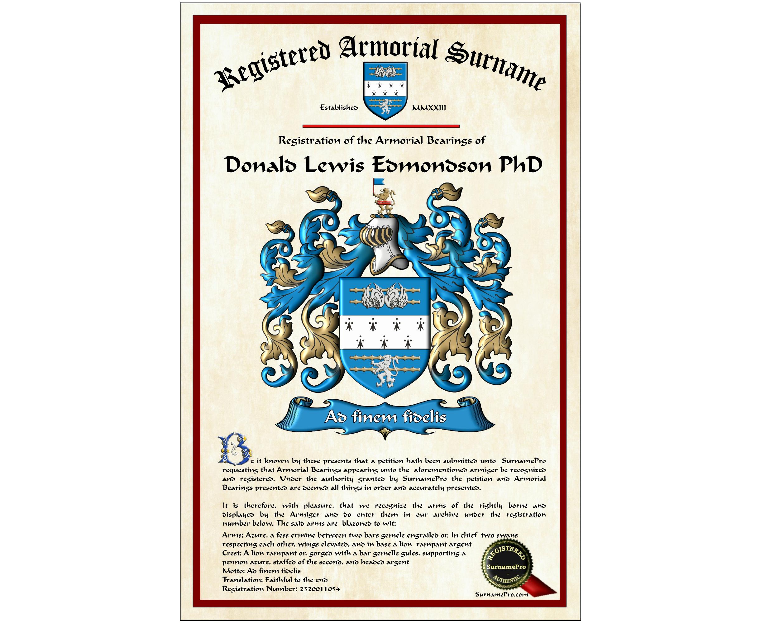 Custom Family Name Coat of Arms Armorial Registered Certificate - Etsy