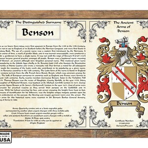 May include: A vintage-style certificate featuring a gold and red coat of arms for the Benson surname. The certificate includes a description of the surname's history and origin, along with the motto "Si Deus, quis contra." The certificate is framed in a brown wooden frame.