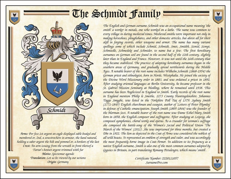 May include: A framed family crest featuring the name "Schmidt" with a detailed coat of arms. The crest includes a shield with an eagle and a hand holding a sword, set against a parchment-like background with decorative borders and text.