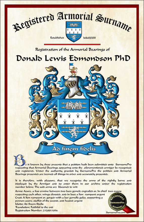 Custom Family Name Coat of Arms Armorial Registered Certificate - Etsy