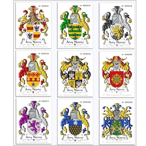 Digital Download Family Crest - Coat of Arms - Any Name - PDF, JPG, and PNG nine (9) styles available.