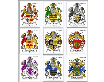 Digital Download for Any Name  Family Crest - Coat of Arms - choice of file type, PDF or JPG or PNG nine (9) styles available.