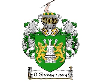 May include: A green and gold heraldic coat of arms with a crest featuring a helmet and a hand holding a spear. The shield features two gold lions flanking a stone tower. The motto "O'Shaughnessy" is displayed on a scroll.