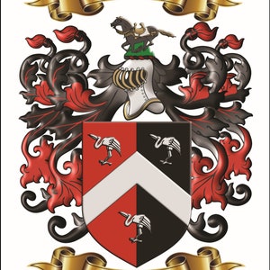Custom personalized family name origin coat of arms and crest featuring enhanced graphics of archived surname origin herladry. image 4