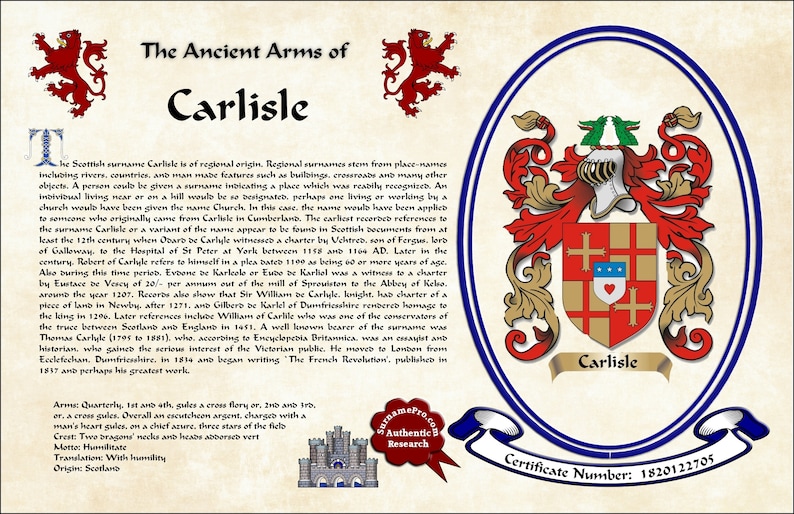 Family Crest With Coat of Arms Last Name Meaning and Surname Etsy