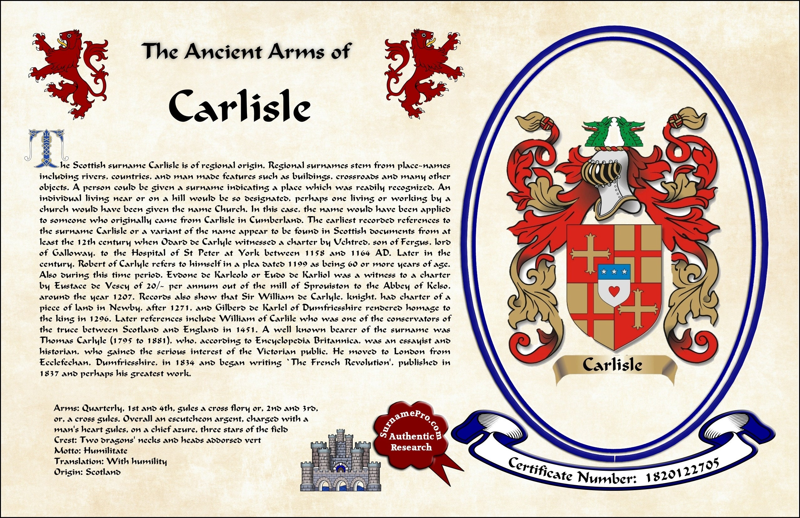 Family Crest With Coat Of Arms Last Name Meaning And Surname Etsy 