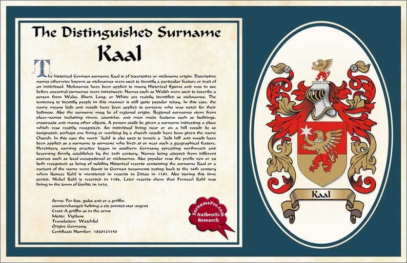 Family crest coat of arms with last name meaning and surname Etsy