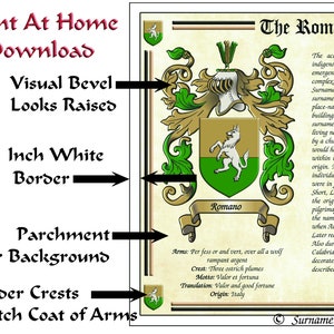 May include: A parchment-colored print featuring a family coat of arms with a white wolf on a green and gold shield. The print has a &frac14; inch white border and includes the text "Print At Home Download."