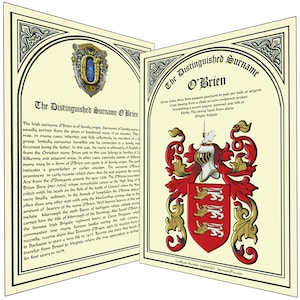 May include: A certificate with a gold crest and a red shield with gold lions. The certificate is for the surname O'Brien and includes the text "The Distinguished Surname O'Brien".