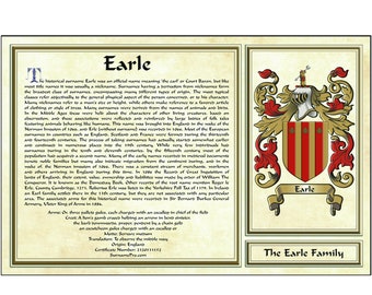 11X17 Coat of arms & last name history personalized in the classic European style. Blazon, motto, translation, certificate number and more.