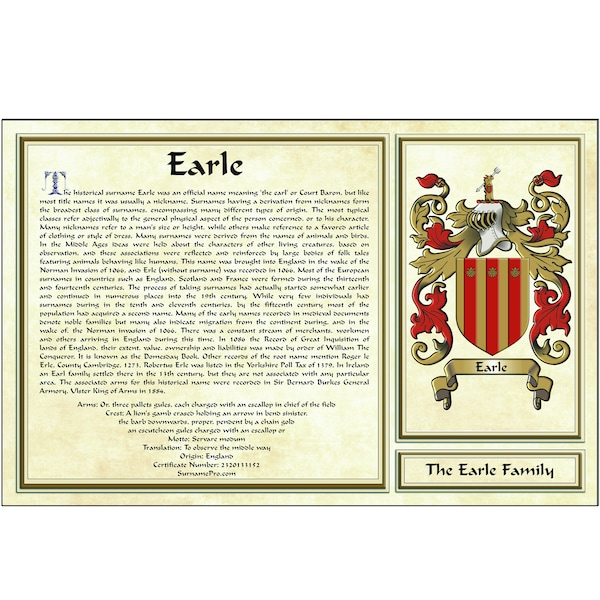 11X17 Coat of arms & last name history personalized in the classic European style. Blazon, motto, translation, certificate number and more.