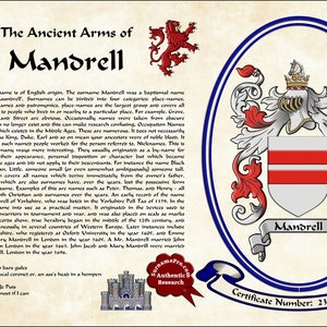 11X17 Family crest with coat of arms last name meaning and surname origin featured in the elegant style of recorded arms. SurnamePro.com image 5