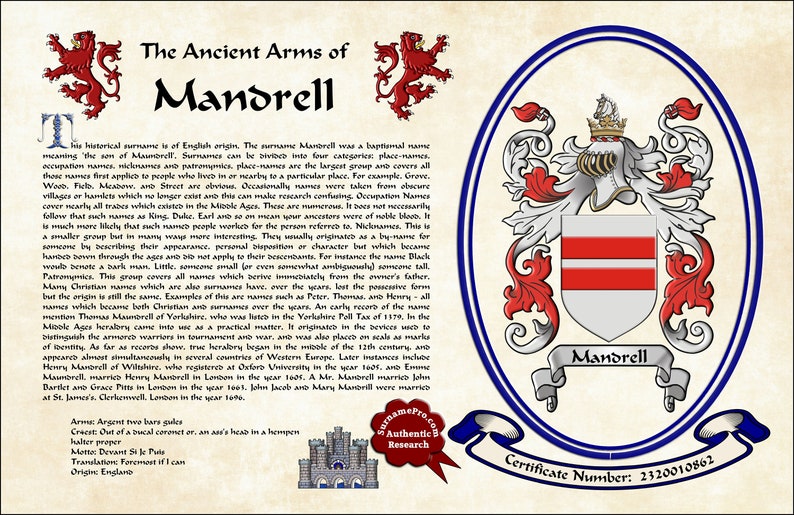 11X17 Family crest with coat of arms last name meaning and surname origin featured in the elegant style of recorded arms. SurnamePro.com image 5