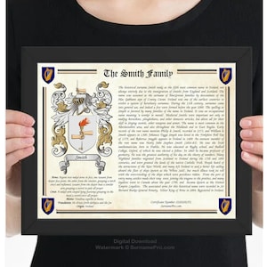 May include: A framed print featuring the Smith family crest and history. The black frame surrounds a document with text, a coat of arms, and decorative elements. The print is held by a person.