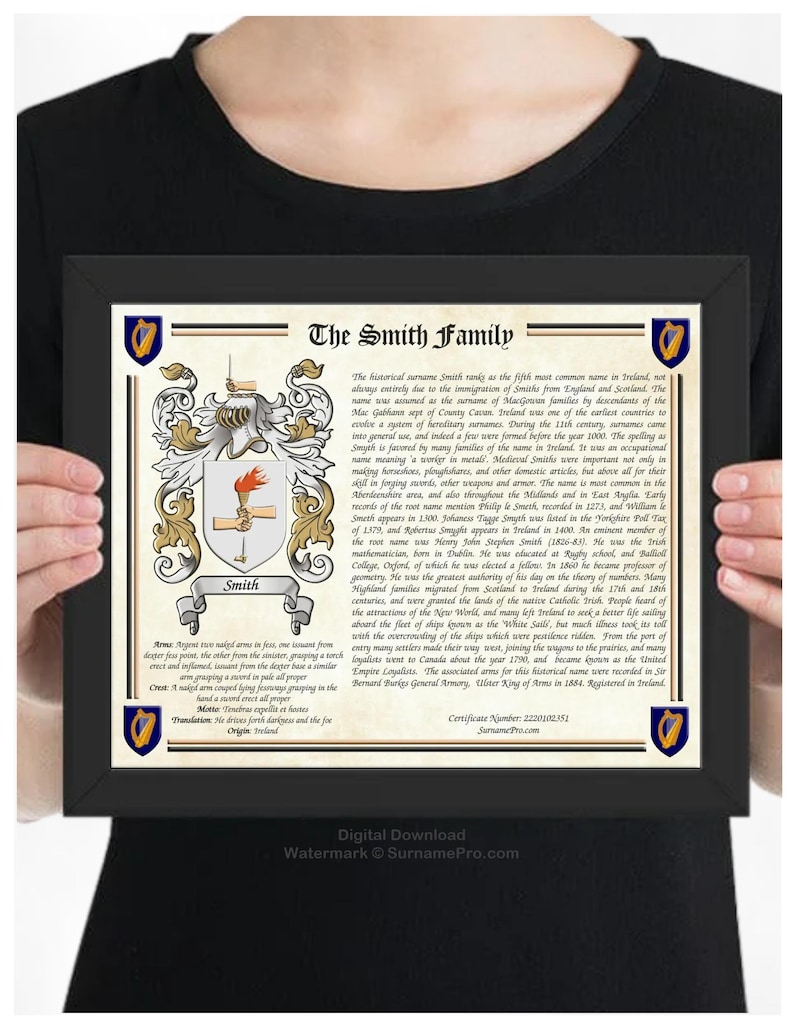 May include: A framed print featuring the Smith family crest and history. The black frame surrounds a document with text, a coat of arms, and decorative elements. The print is held by a person.