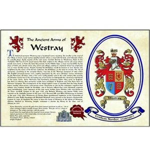 11X17 Family crest with coat of arms last name meaning and surname origin featured in the "elegant" style of recorded arms. SurnamePro.com