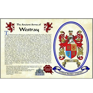 11X17 Family crest with coat of arms last name meaning and surname origin featured in the &quot;elegant&quot; style of recorded arms. SurnamePro.com