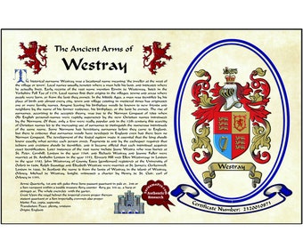 11X17 Family crest with coat of arms last name meaning and surname origin featured in the "elegant" style of recorded arms. SurnamePro.com