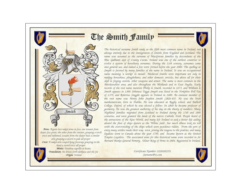 May include: A framed print featuring the Smith family crest. The crest includes a shield with a torch and two arms, a helmet, and decorative scrollwork. The text details the history of the Smith surname and its origins in Ireland.