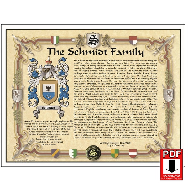 Family Crest Coat of Arms name origin print at home digital download. Ready to print 8.5x11 PDF file. Print extras as gifts for the family.