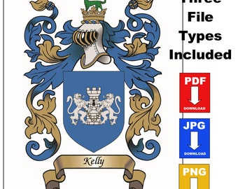 Family Crest PDF + JPG + PNG - Coat of Arms in all 3 file types. Digital download ready within 24 hours.