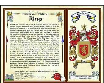 8-1/2X11 SurnamePro Coat of Arms design family crest history featuring family name with motto, translation, and unique certificate number.