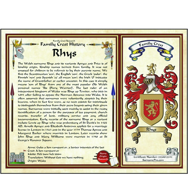 8-1/2X11 SurnamePro Coat of Arms design family crest history featuring family name with motto, translation, and unique certificate number.