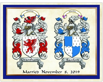 Anniversary - Wedding gift ideas, two custom family coat of arms personalized bridal wedding gift unique family crest one-of-a-kind.