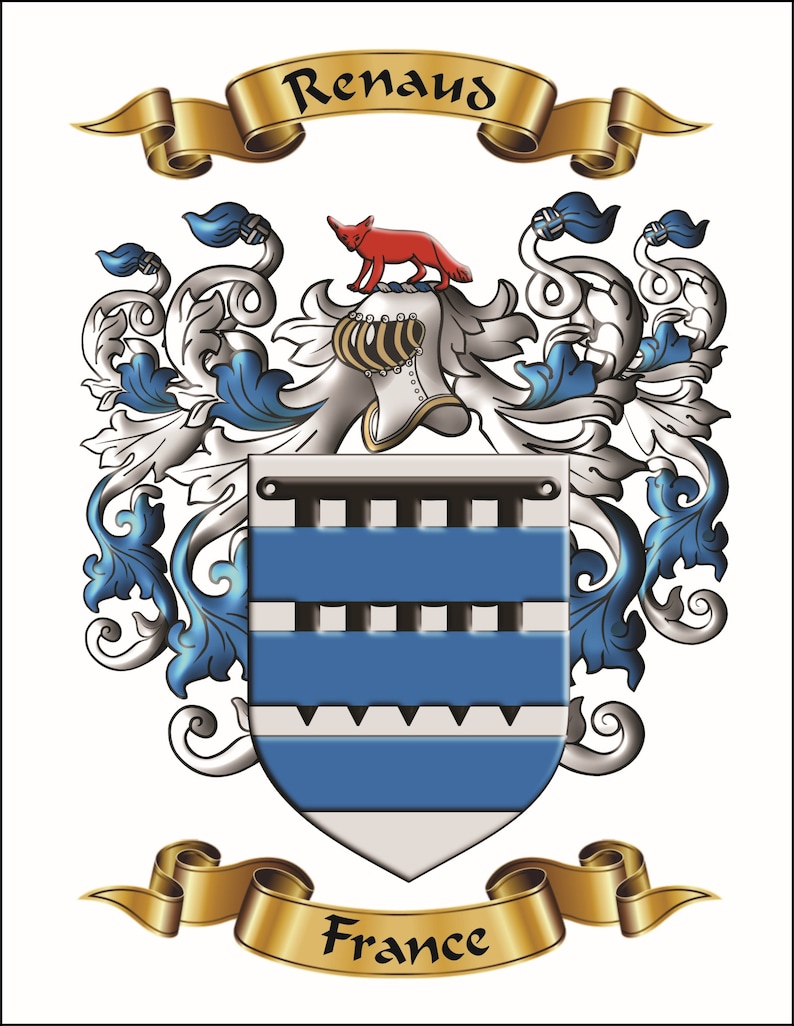 Custom personalized family name origin coat of arms and crest featuring enhanced graphics of archived surname origin herladry. image 7