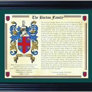 May include: Framed family crest art for the Burton family, featuring a coat of arms with a shield in red, blue, and purple. The crest includes a gauntlet and scroll with the family name. The frame is black.
